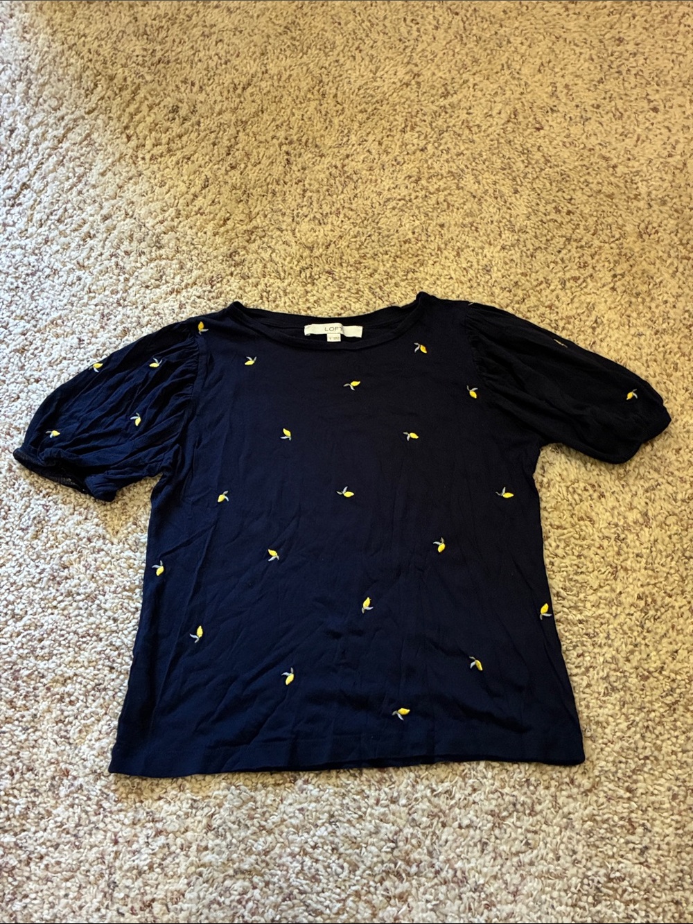 LOFT Navy Top with Yellow Embroidered Accents